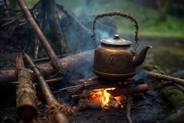 rustic kettle with mint tea steaming on a campfire, created with generative ai