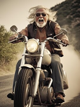 Elderly senior man riding a motorcycle, white haired old man on a fast motorbike, cool biker grandfather action photo