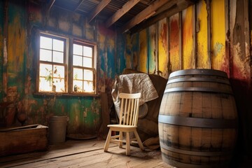 barrel with chipping paint in a historic barn, created with generative ai