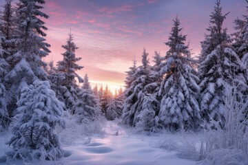 pine trees covered in snow at dusk, created with generative ai