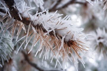 snow-covered pine tree branches with icicles, created with generative ai
