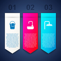 Set Bucket with rag, Washbasin water tap and Shower head. Business infographic template. Vector