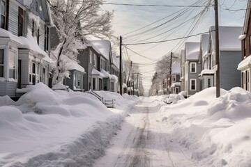 snowy neighborhood street with shoveled sidewalks, created with generative ai