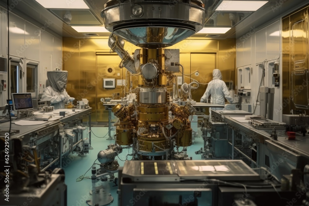Wall mural close-up of spacecraft components in a clean room, created with generative ai
