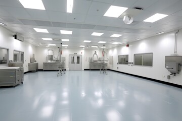 wide-angle view of an empty clean room facility, created with generative ai