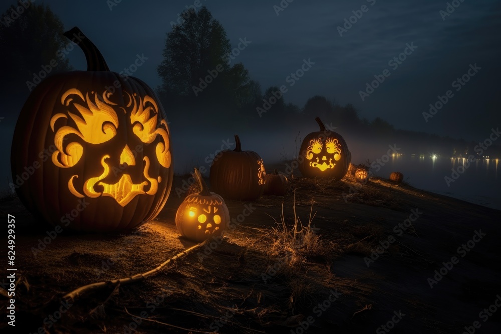 Sticker glowing carved pumpkins on a dark, foggy night, created with generative ai