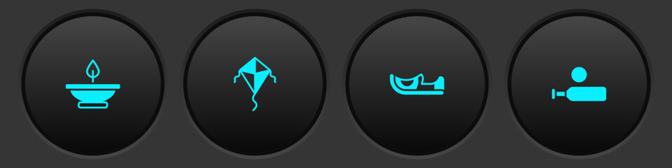 Set Aroma lamp, Kite, Indian shoes and Wood cricket bat and ball icon. Vector