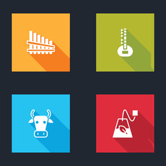 Set Pan flute, Sitar, Cow and Tea bag icon. Vector