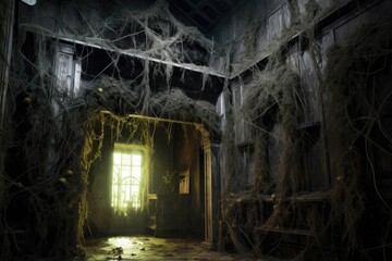 Fototapeta na wymiar creepy cobwebs covering a haunted house entrance, created with generative ai