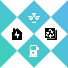 Set House and lightning, Electric car charging station, saving plug leaf and Recycle icon. Vector