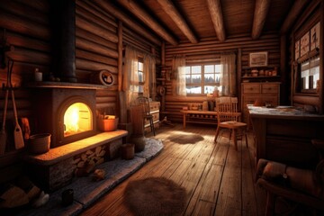 warm fireplace inside a wooden winter cabin, created with generative ai