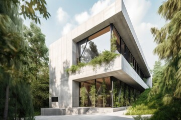 a modern building with a sleek facade, surrounded by greenery and natural light, created with generative ai