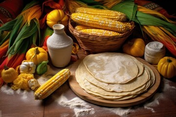 fresh tortillas with corn and flour ingredients around them, created with generative ai