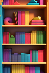 bookshelf with multi-colored books, children's rainbow library decoration, modern bright bookshelf in the study, generative ai
