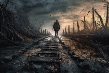 trail of footprints leading towards a zombie figure, created with generative ai