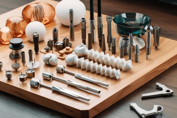 dental implant components arranged on a table, created with generative ai
