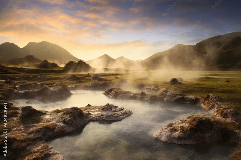 Sticker steamy geothermal springs in mountain landscape, created with generative ai