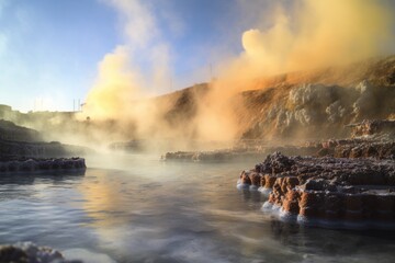 close-up of steam rising from geothermal pool, created with generative ai