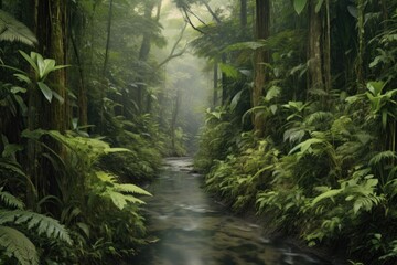 jungle river winding through dense vegetation, created with generative ai