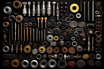 collection of various bike nuts, bolts, and washers, created with generative ai - obrazy, fototapety, plakaty