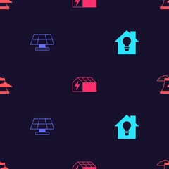 Set Smart house and light bulb, Solar energy panel, and Nuclear power plant on seamless pattern. Vector