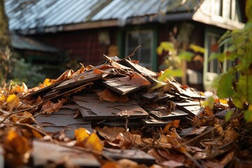 close-up of broken roof shingles and debris, created with generative ai