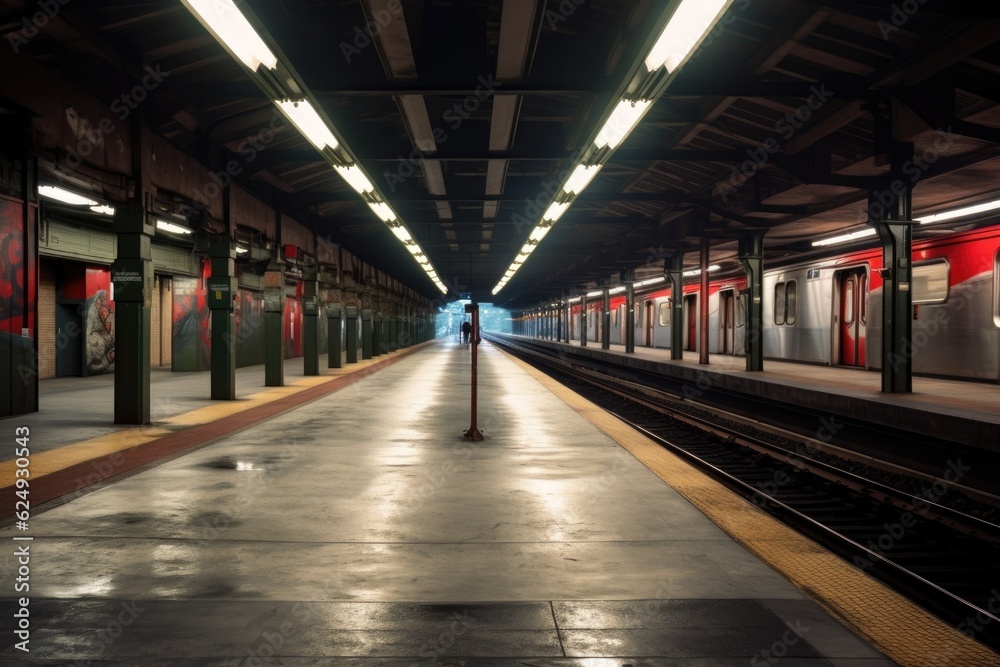 Wall mural empty subway platform with train approaching, created with generative ai