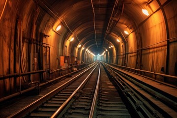Fototapeta na wymiar dimly lit subway tunnel with curved tracks, created with generative ai