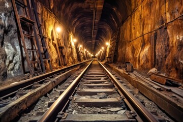 Fototapeta na wymiar close-up of rail tracks in underground subway tunnel, created with generative ai