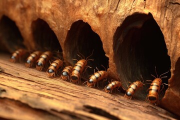 beetle larvae tunnels on a wooden surface, created with generative ai