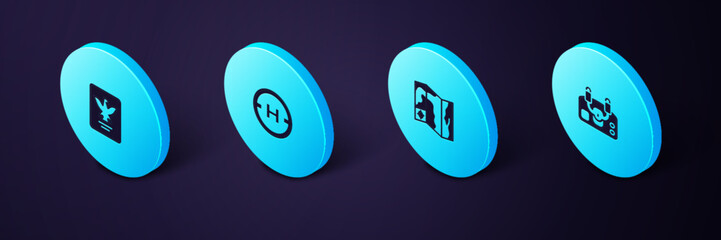 Set Isometric Aircraft steering helm, World travel map, Helicopter landing pad and Passport icon. Vector