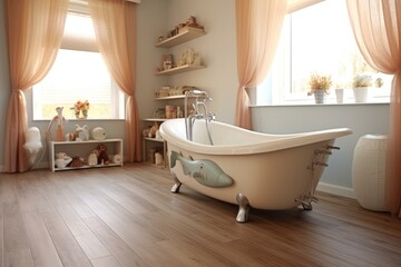baby bathtub on a wooden floor in a stylish bathroom, created with generative ai
