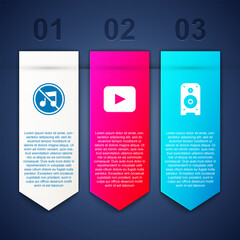 Set Speaker mute, Play button and Stereo speaker. Business infographic template. Vector
