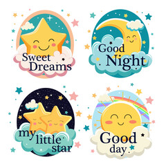 Set of beautiful color day and night elements in cartoon style. Vector illustration of bright various childrens posters with smiling stars, crescents, clouds, rainbow, lettering isolated on white.