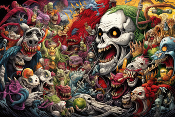 art image with various illustrative monsters together and colored in an art image, ai generated.