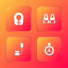 Set Life jacket, Flippers for swimming, Snorkel and Stopwatch icon. Vector