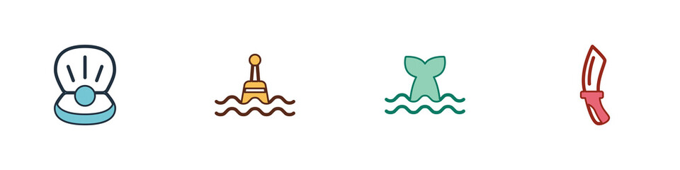 Set Pearl, Floating buoy, Whale tail and Diving knife icon. Vector