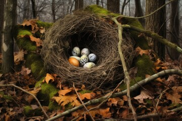 Naklejka na ściany i meble a camouflaged nest of a rare bird with eggs on the forest floor, created with generative ai