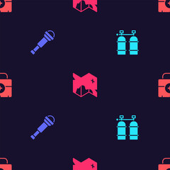 Set Aqualung, Spyglass telescope lens, Pirate treasure map and First aid kit on seamless pattern. Vector