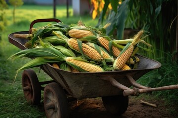 freshly harvested corn cobs in a wheelbarrow, created with generative ai