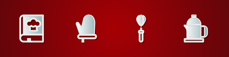 Set Cookbook, Oven glove, Kitchen whisk and French press icon. Vector