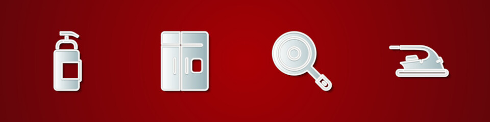Set Antibacterial soap, Refrigerator, Frying pan and Electric iron icon. Vector