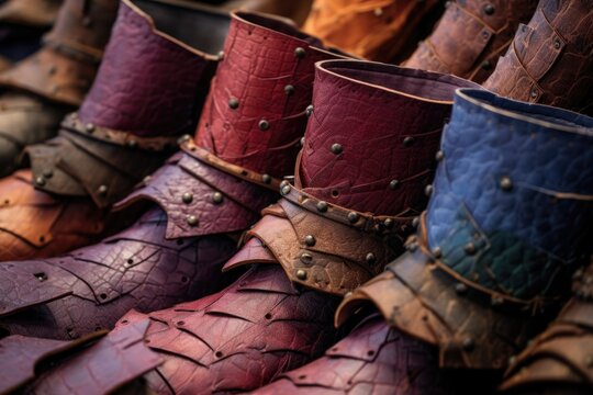 various colorful cowboy boot leathers on workbench, created with generative ai