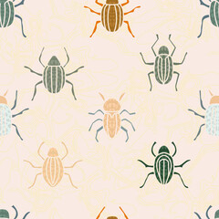 Seamless pattern with beetles - hand drawn vector illustration.