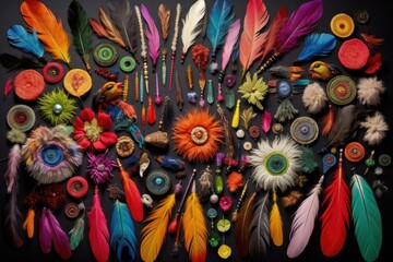 collection of colorful feathers, beads, and jewels for mask decoration, created with generative ai