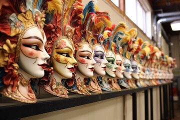 row of freshly made venetian masks ready for the carnival celebration, created with generative ai