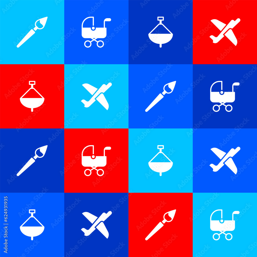 Poster set paint brush, baby stroller, whirligig toy and toy plane icon. vector