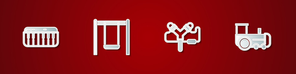 Set Music synthesizer, Swing, Slingshot and Toy train icon. Vector