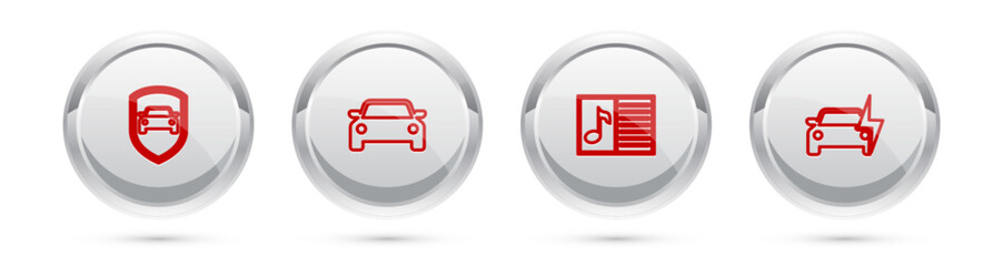 Set line Car protection or insurance, , Music book with note and Electric car. Silver circle button. Vector