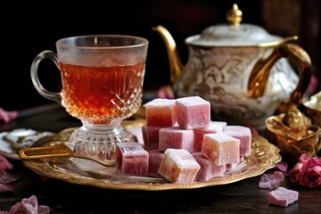 Obraz na płótnie Canvas a steaming cup of turkish tea beside a plate of turkish delight, created with generative ai